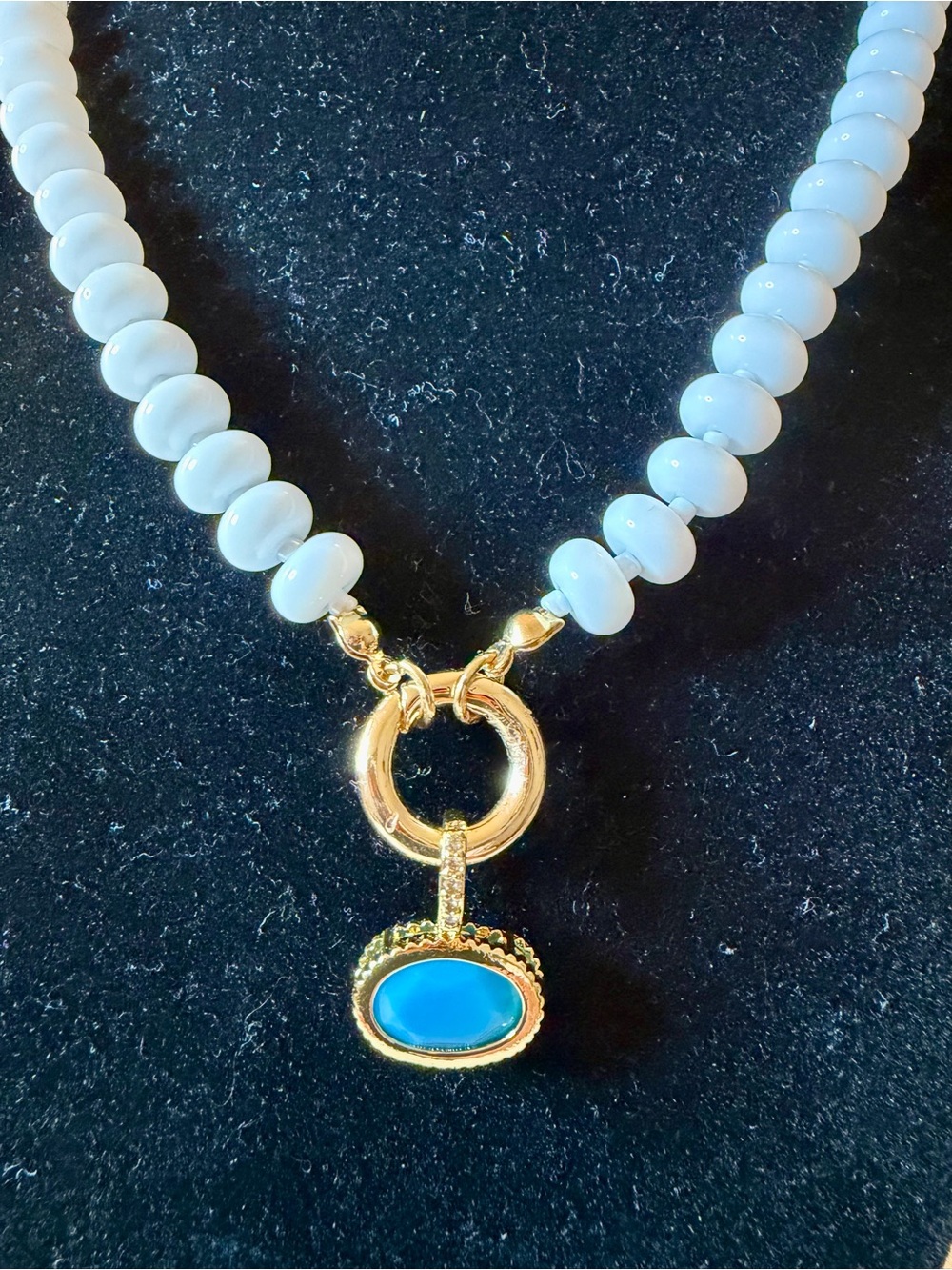 Necklace with white natural stone Beads and Turquoise pendant 14k gold plated.